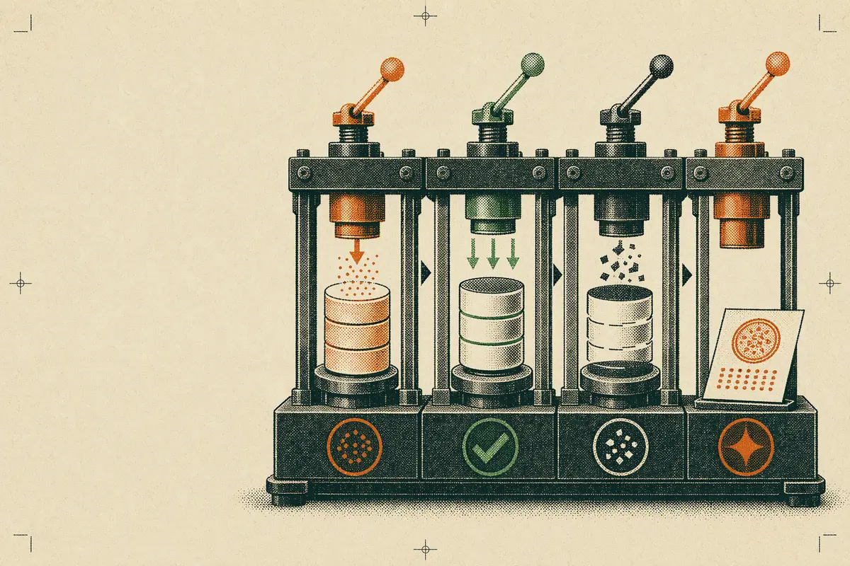A four-stage halftone proof press restores a database cylinder, checks it, destroys the copy, and stamps an evidence sheet.